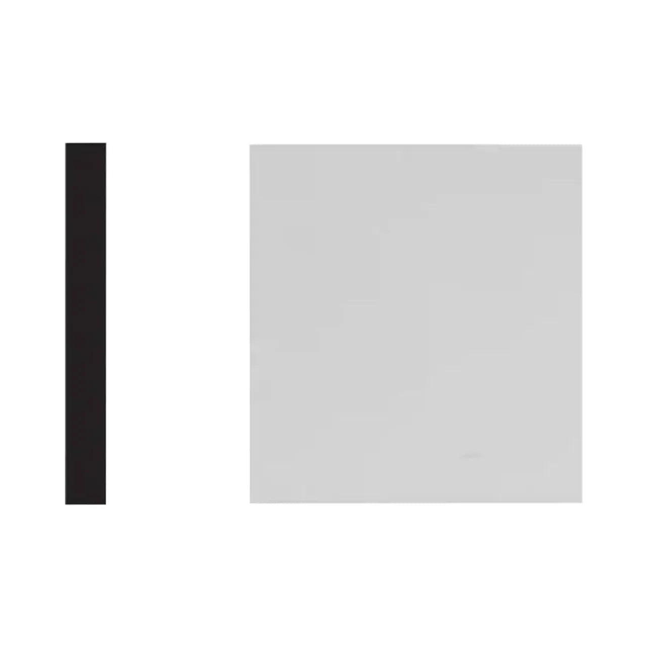 A vertical black rectangle stands to the left of a blank white background. On its right, separated by space, is a Go Build 6510 1/4 in. x 1-3/4 in. x 8 ft. PVC Composite White Lattice Molding made from cellular vinyl.